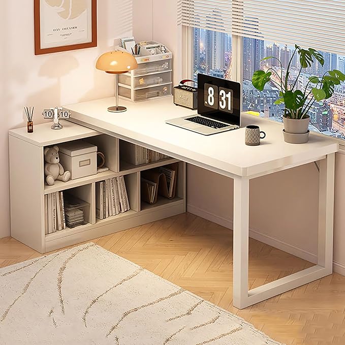 L-Shaped Computer Desk with StorageCorner Desk with 2-Tier Storage ShelvesReversible Home Office DeskModern Wood PC TableLarge Study Writing Table for Small Space