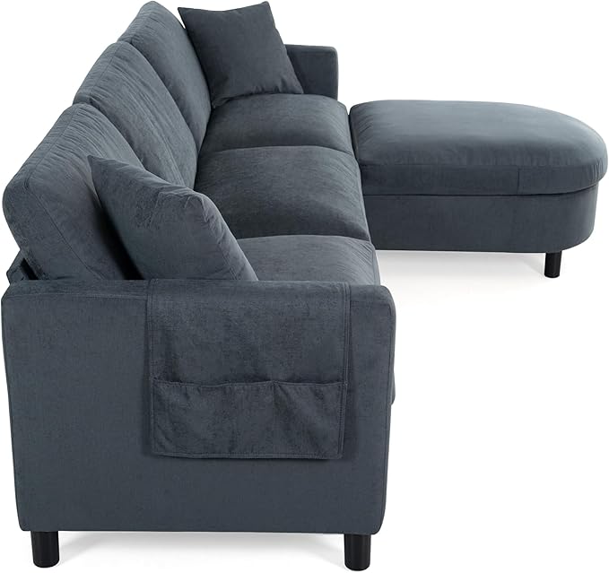 kevinplus 107.87'' Sectional Sofa Couch with Curved Convertible Ottoman for Living Room Modern 3-Seat L-Shaped Upholstered Sectional Couch Sofa for Apartment Polyester Fabric Gray