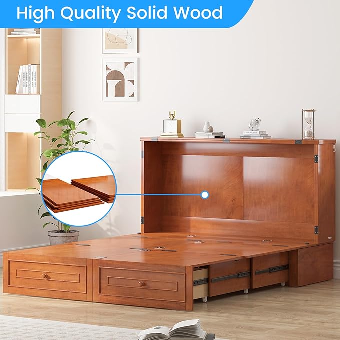 PUREMIND Queen Murphy Bed Frame with Headboard Hideaway Chest Bed Frame Storage Drawers USB Charging Ports- Space Saving Cabinet Chest Beds for Guest Room Bedroom