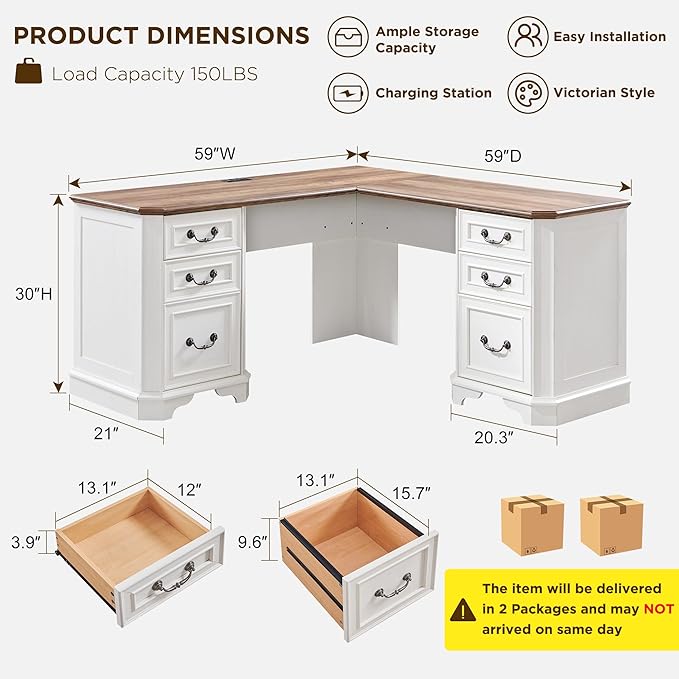 T4TREAM 59 Executive L Shaped Desk with DrawersFarmhouse Wood Computer Corner Desk Featuring Charging StationFile Drawer Storage Cabinetfor Home Office Work and Study (Antique White)