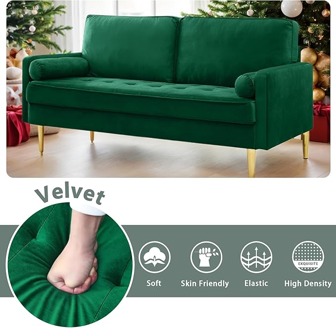65 Inch Green Velvet Couch Small Loveseat Sofa &amp Office Sofa for Small Space Couch for Bedroom Livingroom 2 Pillows Gold Legs Tufted Seat (Green)