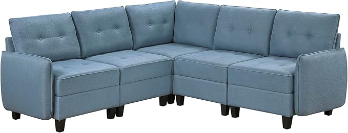 Lexicon L Shape Sectional Couch with Hidden Storage Textured Fabric Modular Sectional Sofa with Button-Tufted Design Reversible Back Cushion 5 Seater Large Sofa Blue