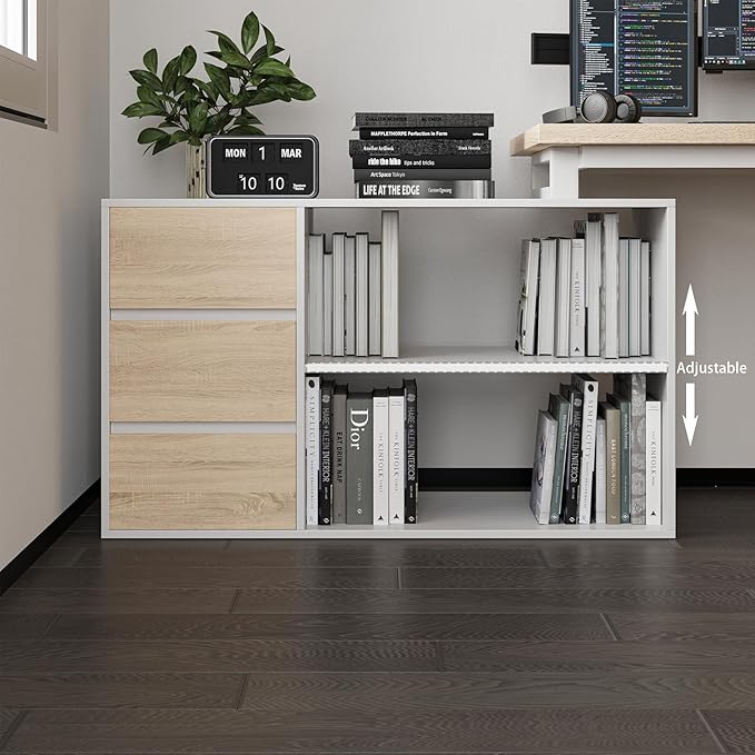 L Shape Computer Desk with 3 Drawers and 2 Shelves Home Office Desk Corner Small Desk with Storage Cabinet for Writing Study Executive – Walnut and White