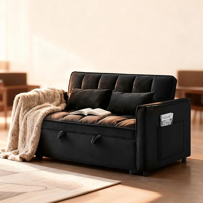 53'' Convertible Sleeper Sofa Bed Modern Velvet Fabric Adjustable Backrest Side Pocket and 2 Pillows 3-in-1 Pull Out Loveseat Couch for Living Room Bedroom Small Spaces Black