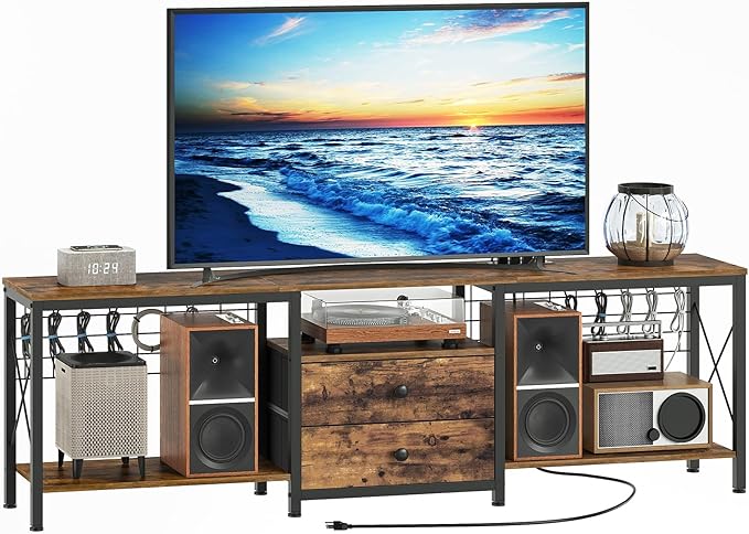 TV Stand with Power Outlet Up to 75 Inch Entertainment Center with 2 Fabric Drawers TV Console Table with Open Storage Shelves for TVs Cable Management for Living Room Bedroom DS18UBRY1
