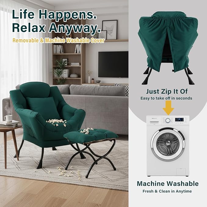 Lazy Chair with Ottoman Large Accent Chair with Ottoman and a Throw Pillow Dark Green Reading Chair for Living Room Bedroom Dorm Room Office Apartment Relaxing Use