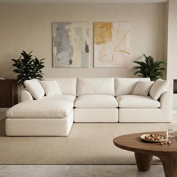 Modular Sectional Cloud Sofa Couch 110” L-Shape Wide Armrest 3 Seats Couch Free Combination Compressed Sofa for Living Room BedroomNo Assembly Needed (White 3 Seats)