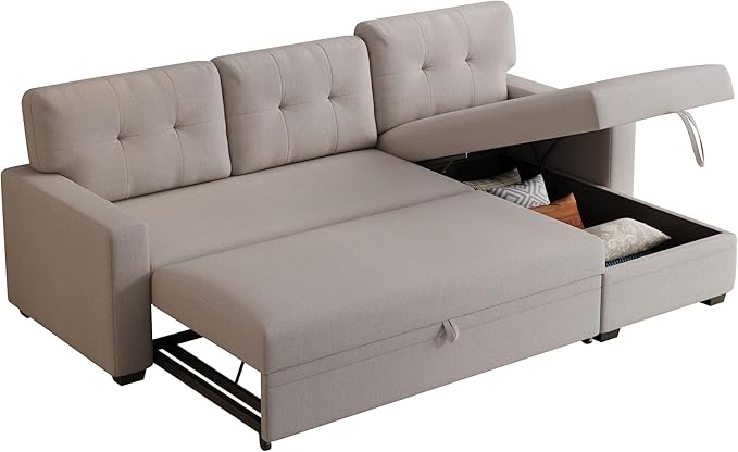 82 Sectional Sleeper Sofa BedConvertible L Shaped Pull Out Couch with Storage Chaise&ampRemovable Back CushionReversible Sofa-Bed W/Linen Tufted Fabric for LivingroomOfficeApartmentBeige