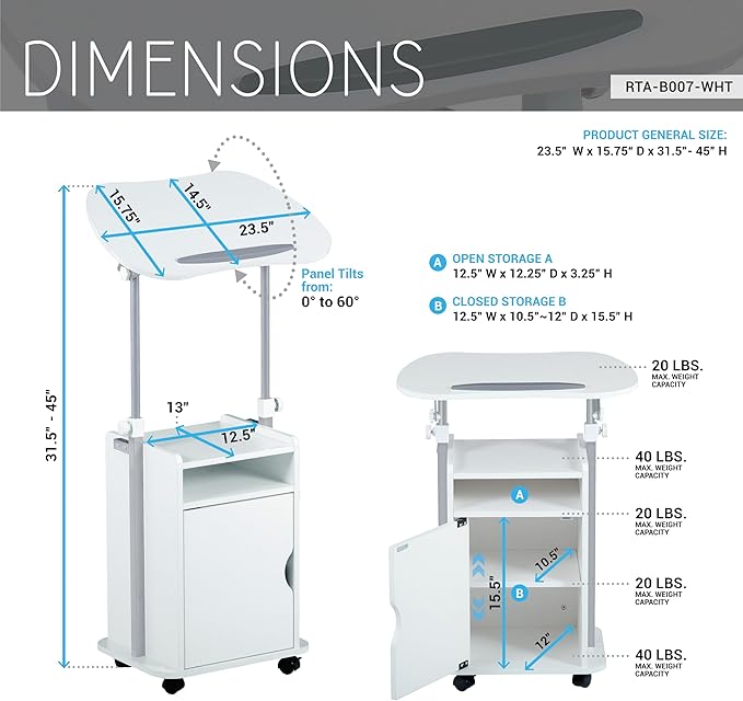 Techni Mobili Adjustable Laptop Cart with Storage Rolling Mobile Workstation Desk with Cabinet Shelf &amp Locking Wheels. Height Adjustable Sit to Stand for Home Office Bedside or Classroom (Whit