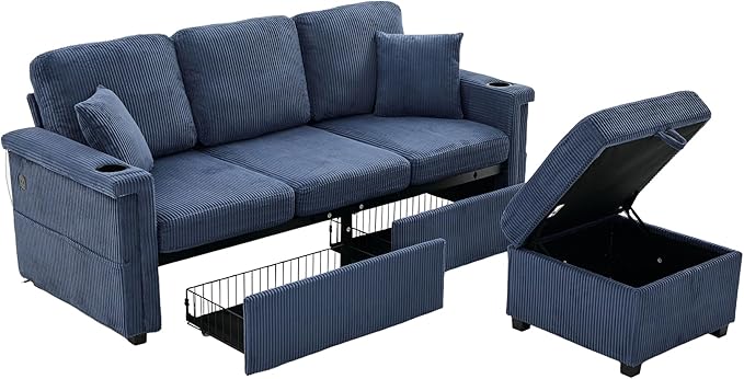 76'' Sectional Sofa Couches for Living Room 3 Seat L-Shaped Couch with Storage &amp Ottoman Corduroy Convertible Sofas with Chaise Apartment with USB Charging Cup Holder (Navy)