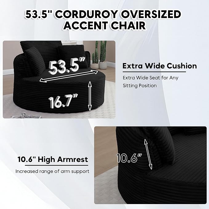 Oversized Round Chair Lounge Chaise Indoor 53.5 Corduroy Boneless Round Chair Fluffy Single Deep Seat Cloud Sofa Chairs Modern Circle Chaise Lounge for Bedroom Living Room Black