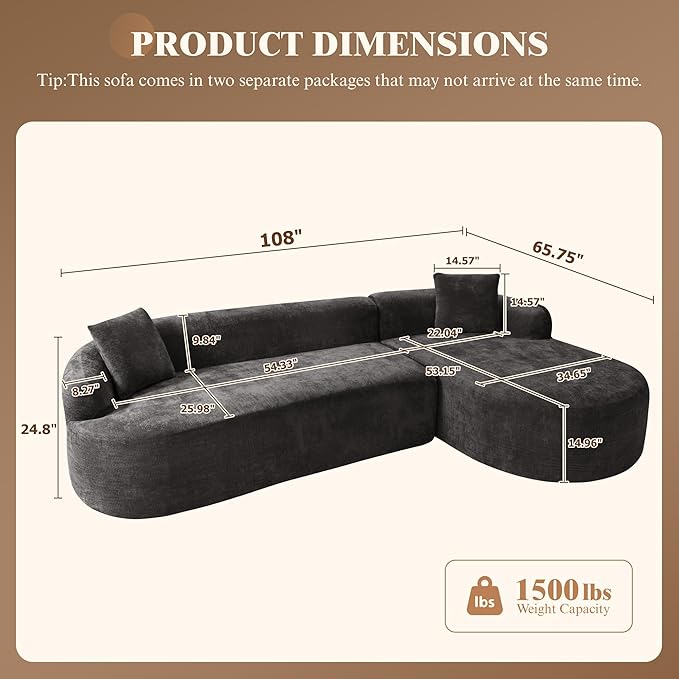 108 Cloud Modular Sectional Couch Modern Boneless Couches with Deep Seat U Shaped Sofa for Living Room No Assembly Required Corduroy (Black Right Chaise+Left Sofa)