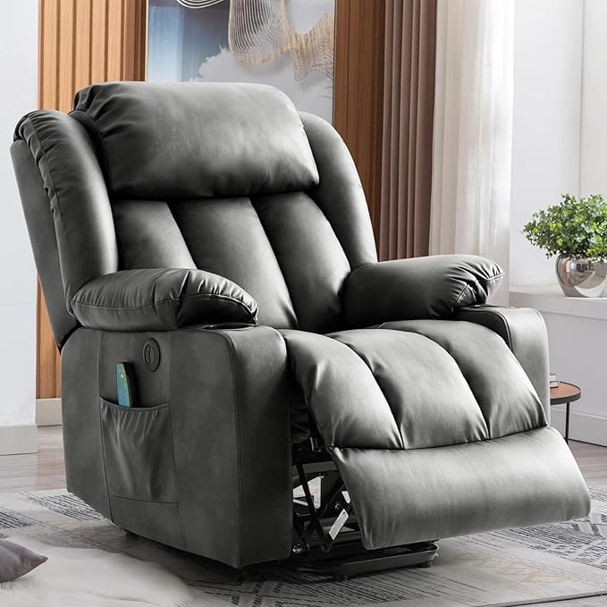 Power Lift Recliner Chair for Elderly Electric Recliner Chairs for Adults with Massage and Heat Cup Holders Remote Control USB Ports Side Pockets Leather (Aluminum Gray)