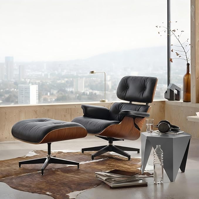 Mid Century Chaise Lounge Chair and Ottoman Reading Chair Leather Accent Chair Modern Chair Classic Design Heavy Duty Base Support for Living Room (Walnut-Black Tall)