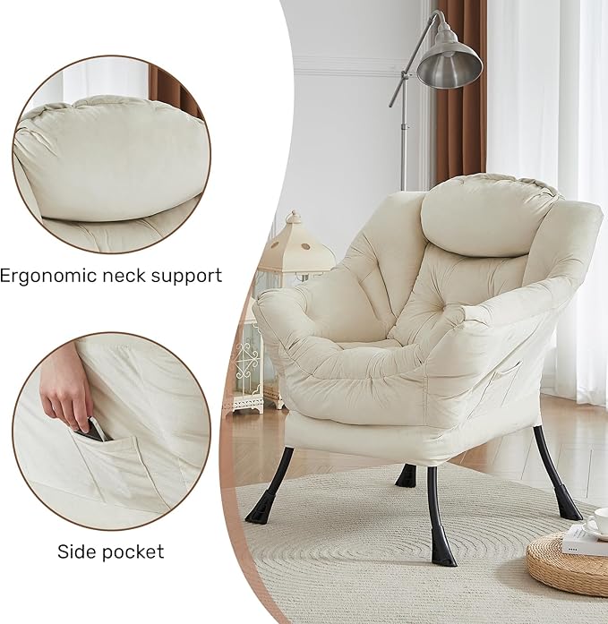 HollyHOME Lazy Chair with Armrest and Side Pocket Comfy Accent Lounge ChairLeisure Sofa Armchair for Living Room Bedroom Dorm or Small Spaces Oversized Reading Sofa ChairVelvet Beige