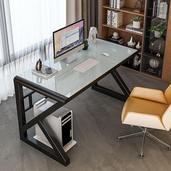Tempered Glass Computer Desk Modern Home Office Desk Gaming Desk Writing Study Table Workstation for Home Office(100CM White+Black Frame)