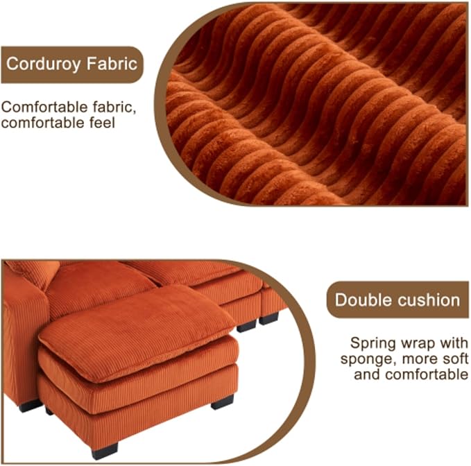 Modern U Shaped 6-seat Sectional Sofa Couch with one Ottoman and Three toss PillowsModular Sofa for Living RoomCorduroy (OrangeCorduroy-7 Seat)
