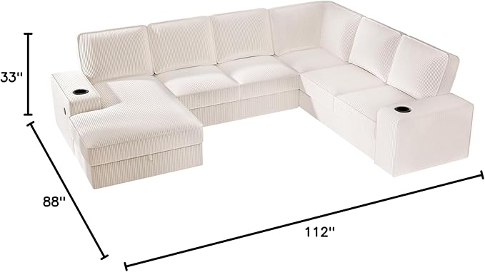 PaPaJet U Shaped Couch 112 Inch Oversized Couch with Storage Chaise Sectional Sofa with Cup Holders &amp 2 USB Ports Corduroy Beige Sofa