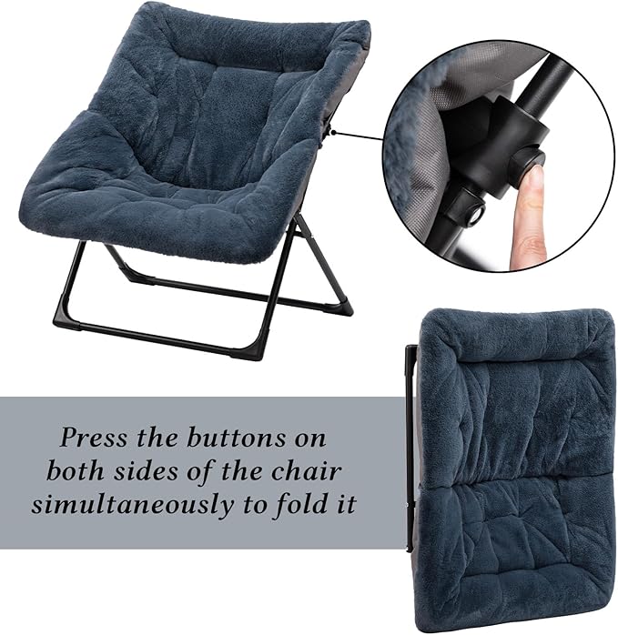 HollyHOME X-Large Saucer Chair Comfy Oversized Folding Chair Faux-Fur Reading Chair for Teens Adults Foldable Accent Lazy Chair Metal Frame Lounge Chair for Living Room Bedroom Dorm Navy Blue