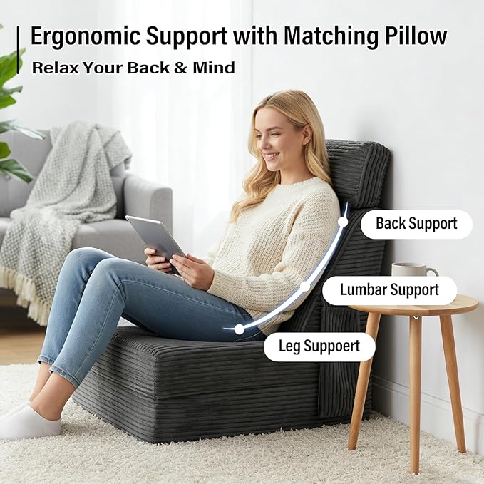 Folding Sofa Bed with Pillow Convertible Sleeper Chair Comfy Floor Futon Couch Mattress Lounge Lounge Sofa for Adults Portable Fold Out Chair Bed for Living Room Bedroom Single Gray