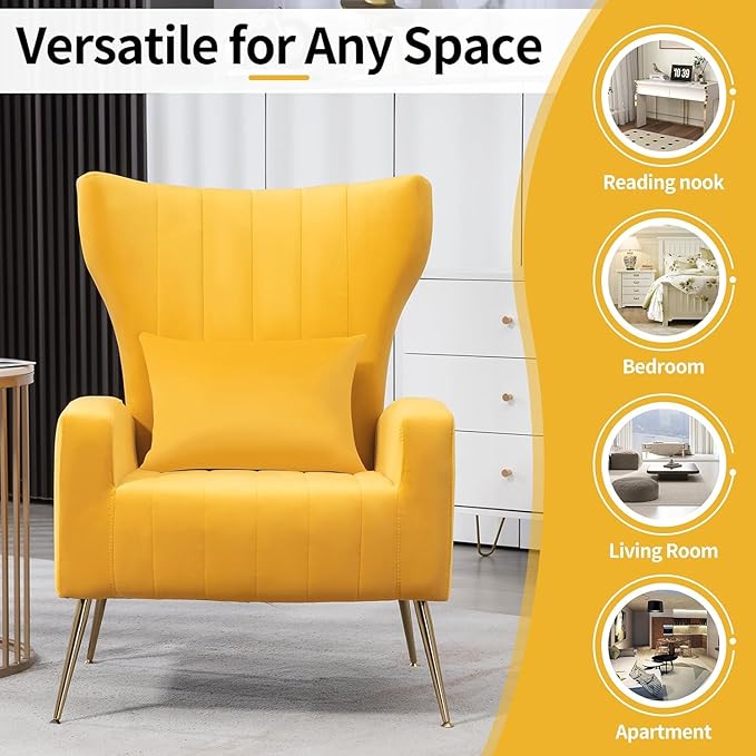 Modern Velvet Accent Chair with Arm &amp Wingback Living Room Bedroom Side Chair with Gold Metal Legs &amp Lumbar Pillow Channel Tufted Yellow