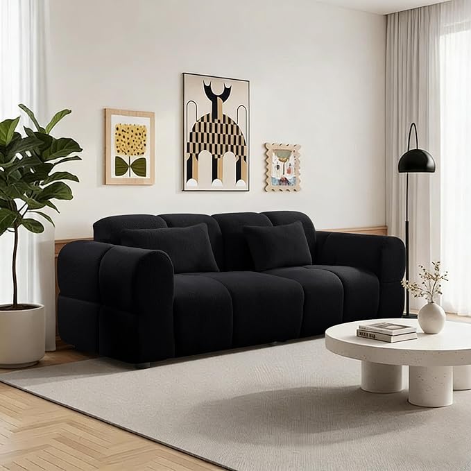 80 Modern Sofa Couch Comfy Deep Seat Teddy Cloud Sofa Upholstered 3-Seater Boucle Couch Oversized Loveseat for Living Room Bedroom Office Apartment(Black)