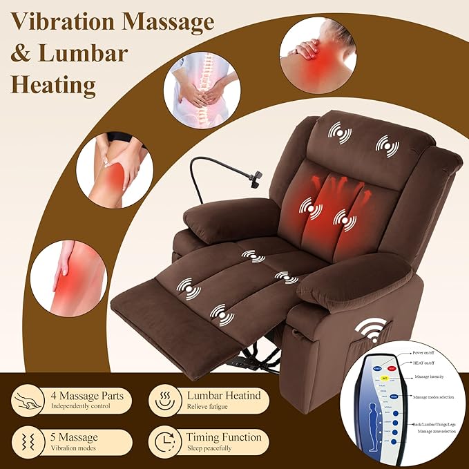 COLAMY Swivel Rocking Recliner Glider Sofa Chair with with Phone StandMassage FunctionHeatingIdeal for Living Room Office BedroomDarkbrown