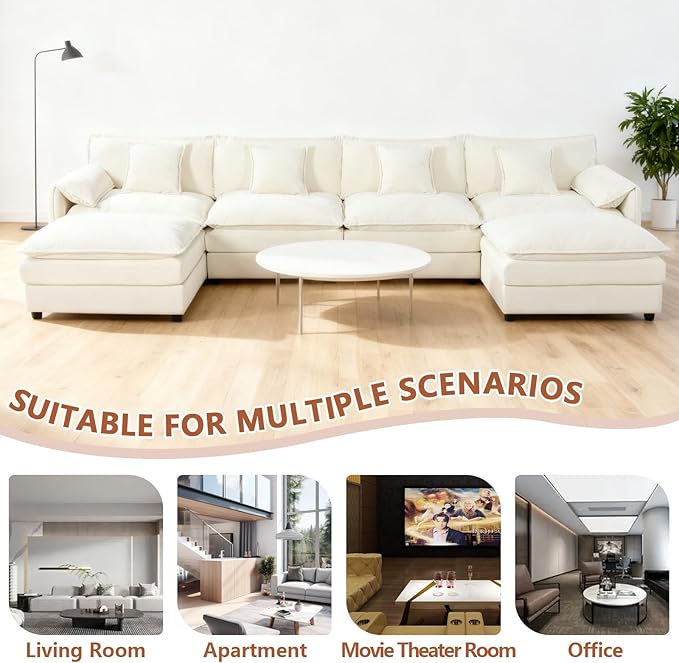 144 Modular Sectional SofaU-Shaped Chenille Sofa Couch with Movable OttomanModern 6 Seat Cloud Sectional Couches for Living Room Office Home (Beige 144 U-6 Seater)