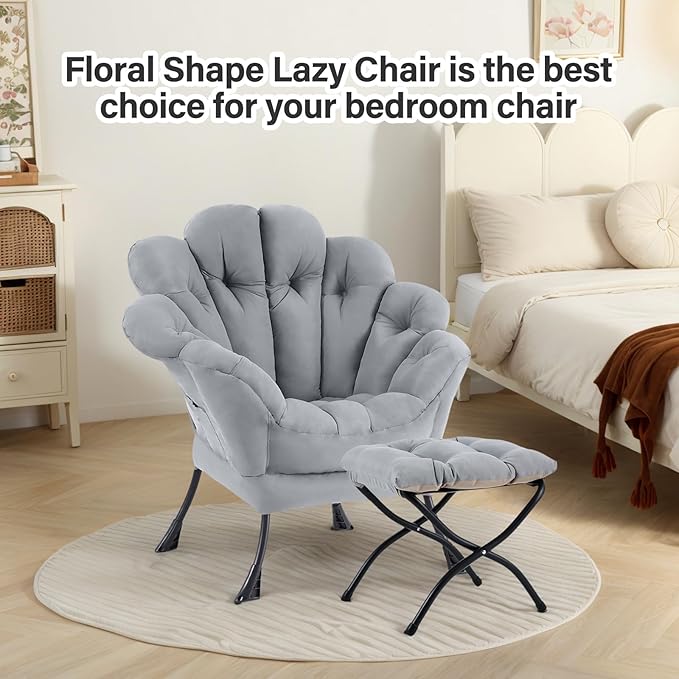 Lazy Chair With Ottoman Comfy Reading Lounge Accent Chair Leisure Floral Butterfly Armchair With Foding Footrest Wrapped Sturdy Soft Chair For Bedroom Dorm Room Living room（light grey）