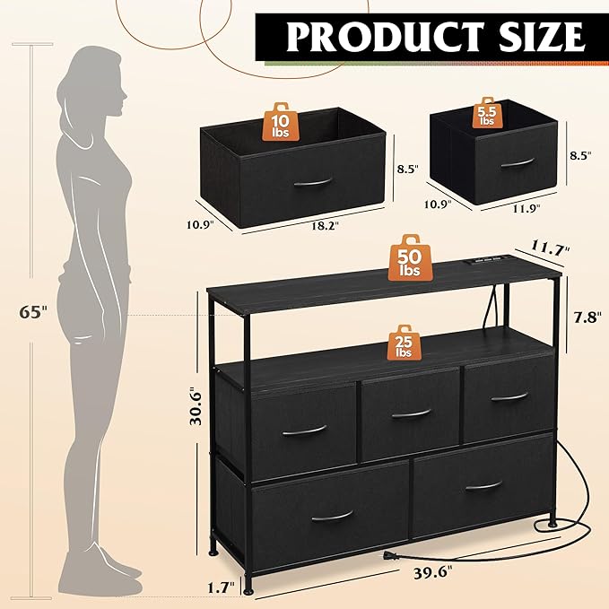 WLIVE Black Dresser for Bedroom with 5 DrawersFabric Dresser TV Stand with Charging Station Chest of Drawer with Open Shelves for 45 inch TV Storage Dresser for Living Room Closet Entryway