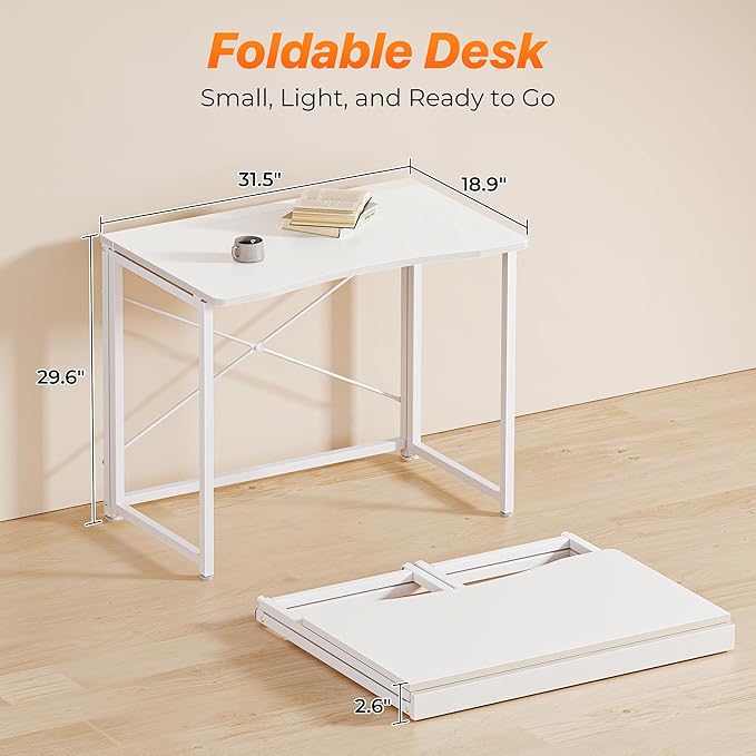 Huuger Folding Desk for Small Spaces 31.5 Inch Foldable Computer Table for Home Office Study Bedroom Dorm Space Saving Small Writing Work Office Computer Desk Easy to Fold White