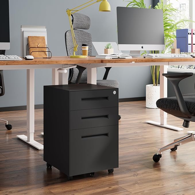Dripex 3 Drawer File Cabinet Mobile File Cabinet with Lock on Wheels Letter/Legal Size Fully Assembled Modern Small Short Vertical Metal Rolling Filing Cabinets Under Desk for Home Office (Black)