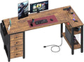 Lufeiya L Shaped Computer Desk with Drawers &amp Storage Shelves 55 Inch Corner Desk with Power Outlet for Home Office Bedroom L-Shaped Teen PC Gaming Desks with Fabric Drawer Rustic Brown