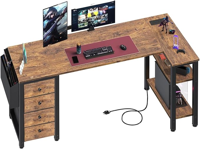 Lufeiya L Shaped Computer Desk with Drawers &amp Storage Shelves 55 Inch Corner Desk with Power Outlet for Home Office Bedroom L-Shaped Teen PC Gaming Desks with Fabric Drawer Rustic Brown