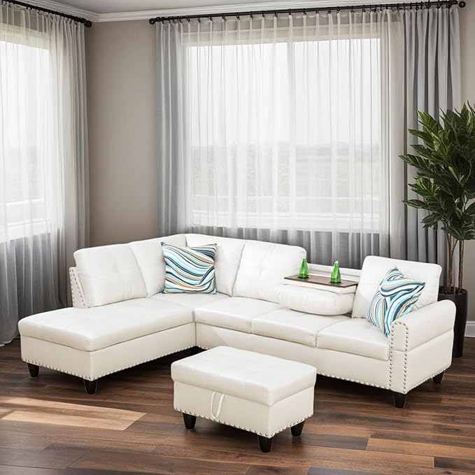L Shaped Couches for Living Room Sectional Couch Living Room Furniture with Storage Ottoman Modular Sectional Sofa with Movable Chaise for Apartment Office White