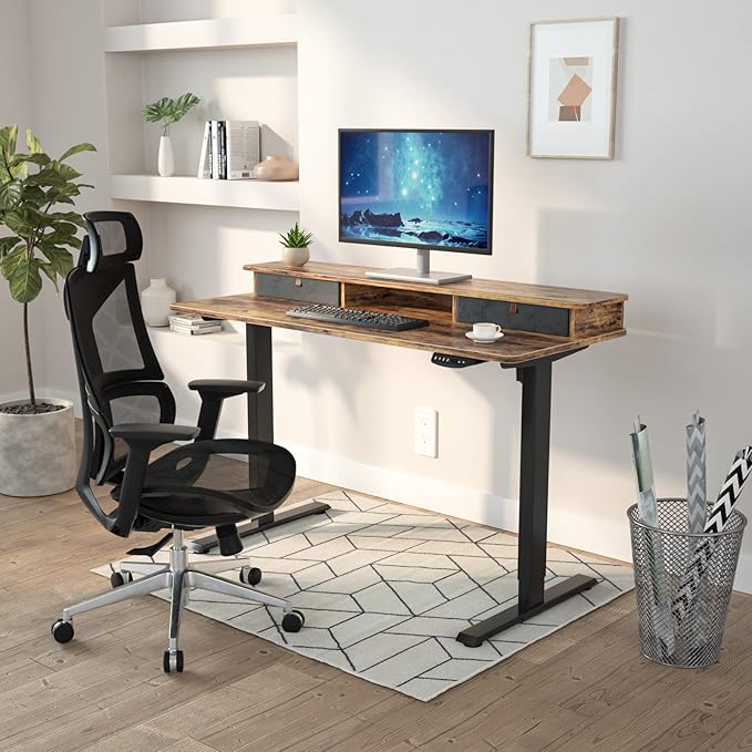 FEZIBO 55 x 24 Inch Whole-Piece Height Adjustable Standing Desk with Double Drawers Sit Stand Desk Stand Up Table (Send Two Packages) Rustic Brown Top