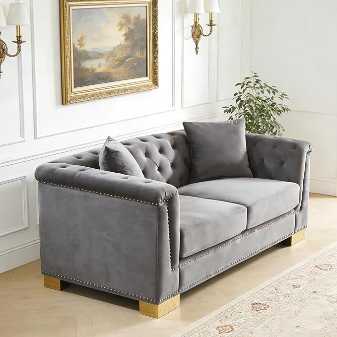 62 Chesterfield Loveseat 2 Seater Tufted Velvet Couch with Rolled Arms Mid Century Modern Love Seat with Nailhead Trim&ampRemovable Cushions&ampGold Legs Comfy Deep Seat Couches for Living Room