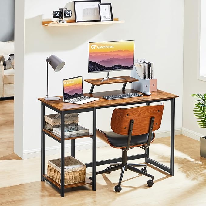 GreenForest Computer Desk with Monitor Stand47 inch Home Office Desk with Reversible Storage Shelves Modern Writing Study Work TableEasy AssemblyWalnut