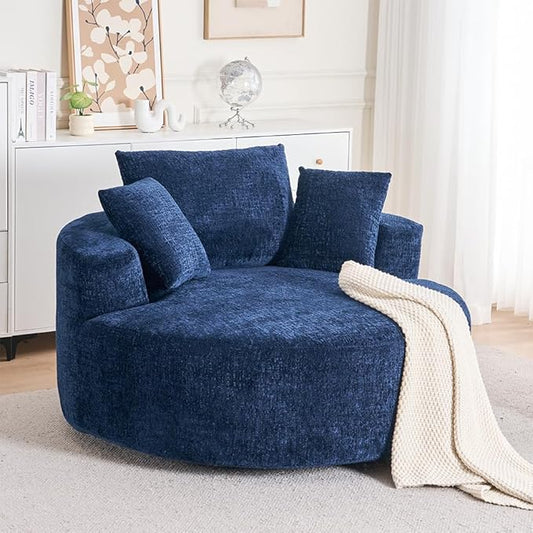 KEIKI Oversized 360 Degree Swivel Chair Large Barrel Chairs Upholstered Round Swivel Chair Chenille Single Sofa Armchair Sleeper Chair for Living Room Lounge Blue