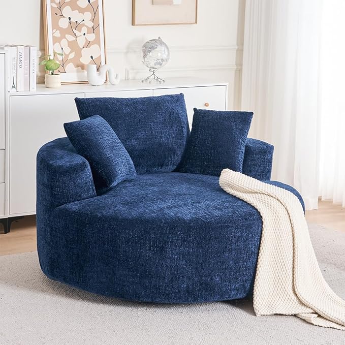 54.3″ Round Swivel Couch Plush Chenille Deep Seat Cozy Reading Chair XL Modern Oversized Swivel Accent Barrel Chair for Living Room Bedroom Lounging (Blue)