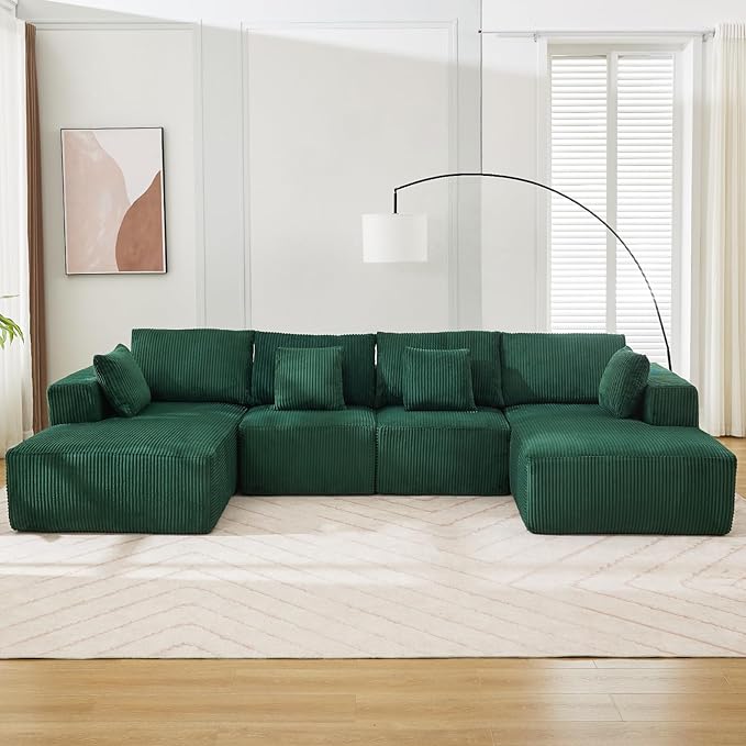 137 Sectional Cloud Couch Modular Modern U-Shaped Sofa with Chaise Lounge Corduroy Fabric No Assembly Required Convertible Compression Sleeper Sofa for Living Room Apartment Bedroom
