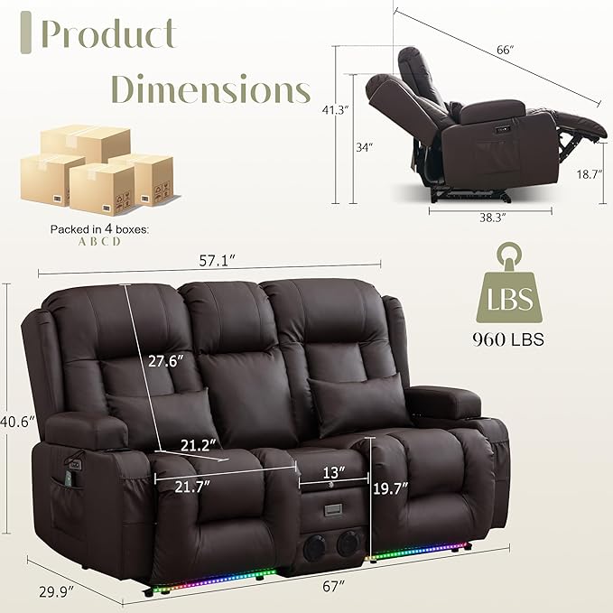 TUNYI Power Loveseat Recliner Sofa Faux Leather Reclining Sofa with Console RV Reclining Loveseat Couch with USB/Outlet/Storage/Side Pocket/LED Light/Speaker (Brown Loveseat)