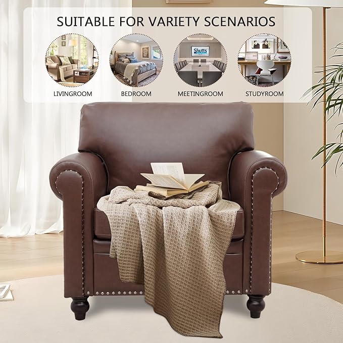 Brown Faux Leather ChairMid Century Modern Accent Chair Set for Office Bedroom Living Room with Deep Seats Detachable Cushions and Nailhead Rolled Arms Easy Assembly