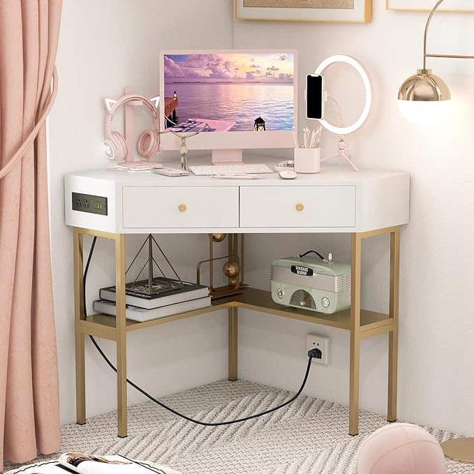 Corner Desk with Charging Station 90° Triangle Desk w/ 2 Drawers Storage Shelves Corner Vanity Table for Bedroom Compact Computer Desk for Small Space