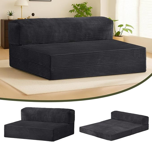 6-inch Folding Mattress Convertible Sofa Bed Foldable Floor Mattress Sleeping Couch with Removable Corduroy Cover &amp Carry Handles High-Density Foam Guest Bed Mattress (Black Queen)