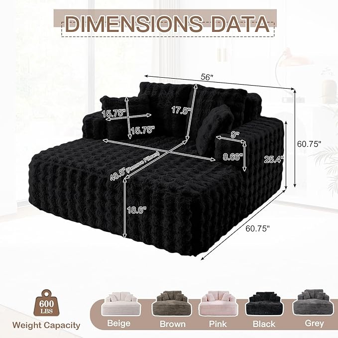 56 W Oversized Chaise Lounge Chair IndoorPlush Faux Fur Sleeper Couch Sofa Bed with PillowsFluffy Comfy Cloud SofaCompression Foam Boneless Couch for Living RoomBedroom(Bubble Black)