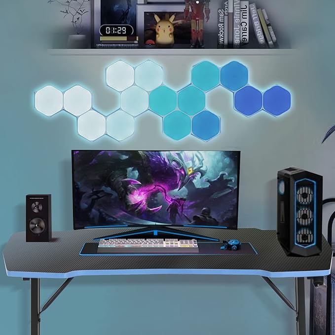 HKLGorg Gaming Desk Computer Desk Z Shaped Gaming Table Writing Modern Ergonomic Racing Style Home Office Table Workstation Carbon Fiber Headphone Hook for Men Boyfriend Female Gift (Blue 39)