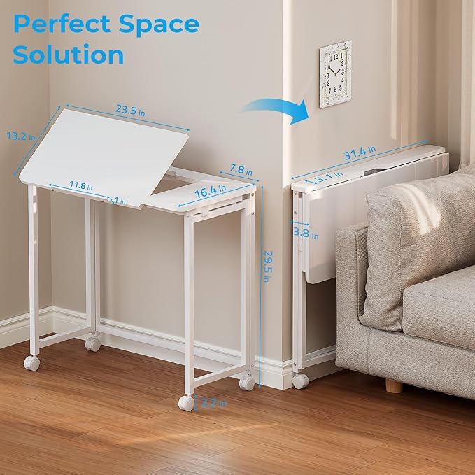 GreenForest Folding Desk with Adjustable Tiltable Desktop 0-90° 31.5 inch Small Drafting Table with Wheels Foldable Craft Table for Drawing Reading Writing Laptop Work White