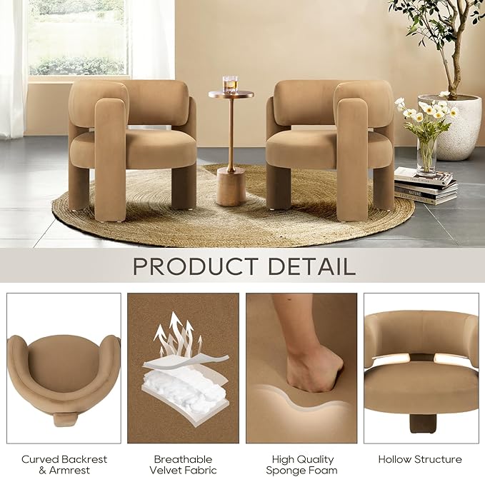 COLAMY Modern Velvet Accent Chair Upholstered Barrel Chair Comfy Side Arm Chair with 3 Legs for Living Room Bedroom Reading Khaki