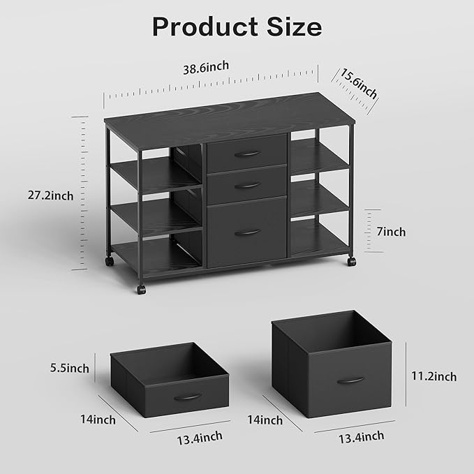 Mobile File CabinetLateral Filing Cabinet with 3 Fabric DrawersRolling Printer Stand with 4 Open Storage Shelf for Home OfficeBlack